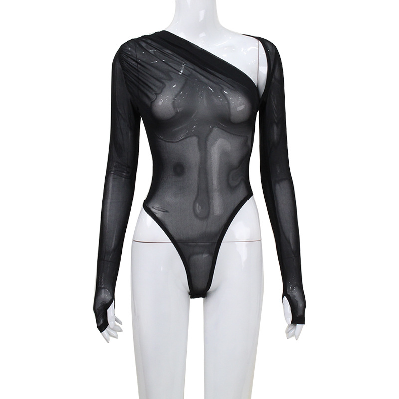 Venta caliente transfronteriza europea y americana ropa de mujer sexy cuello diagonal malla perspectiva club nocturno de manga larga puro deseo chica caliente estilo mono top