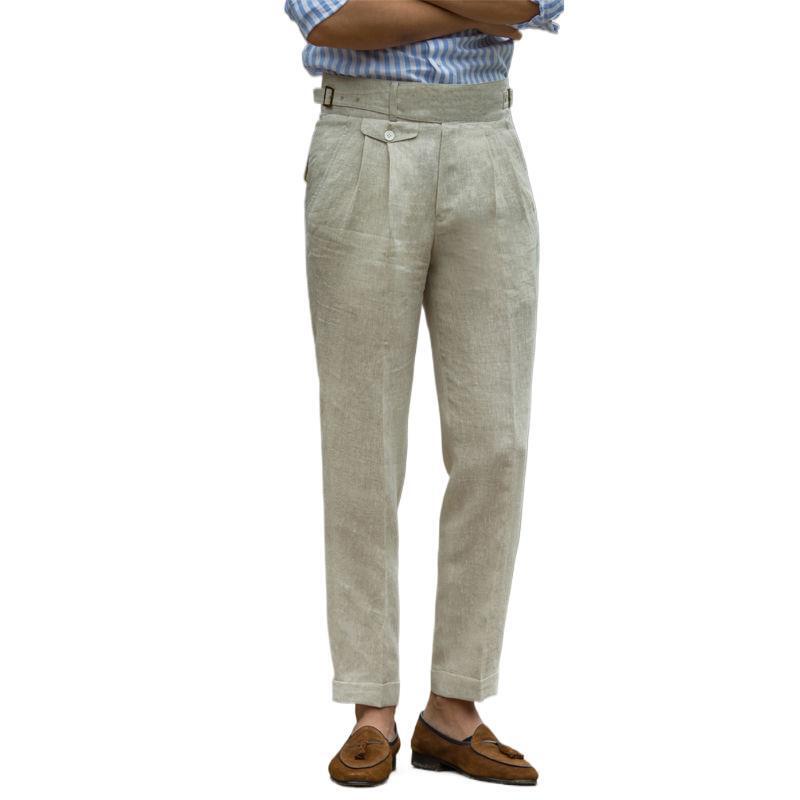 Cross-Border Men's Spring and Summer Thin Linen Casual Pants High-Waisted Military Pants Naples British-Style Cropped Pants New