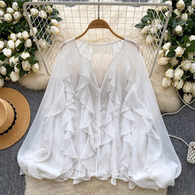 仙女上衣2025新款法式氛围感多层木耳边衬衫薄款透视套头雪纺开衫