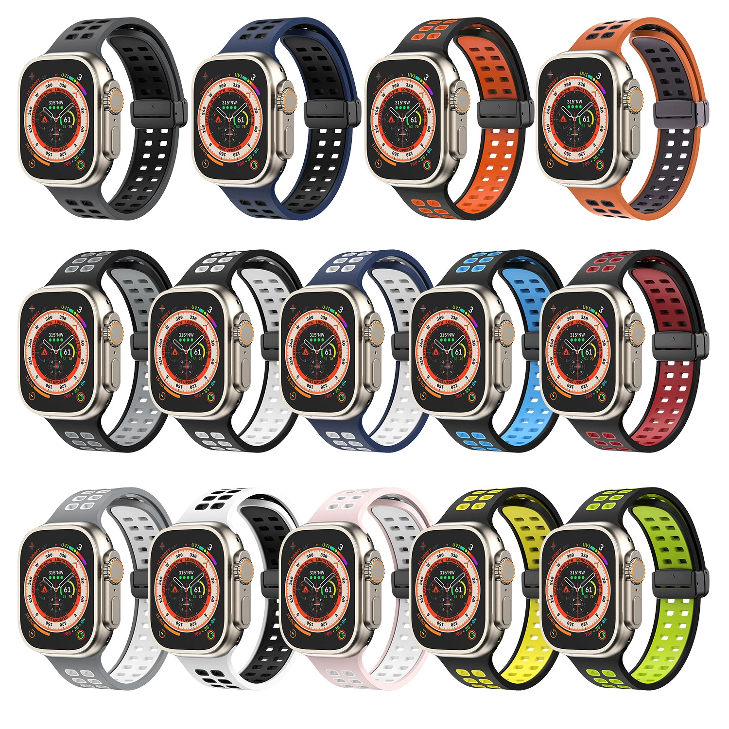 Подходит для Apple Tibetan AppleWatch1-9 поколения складной складной складной магнитный всасывание двойная строка поры двуцветный силиконовый ремешок