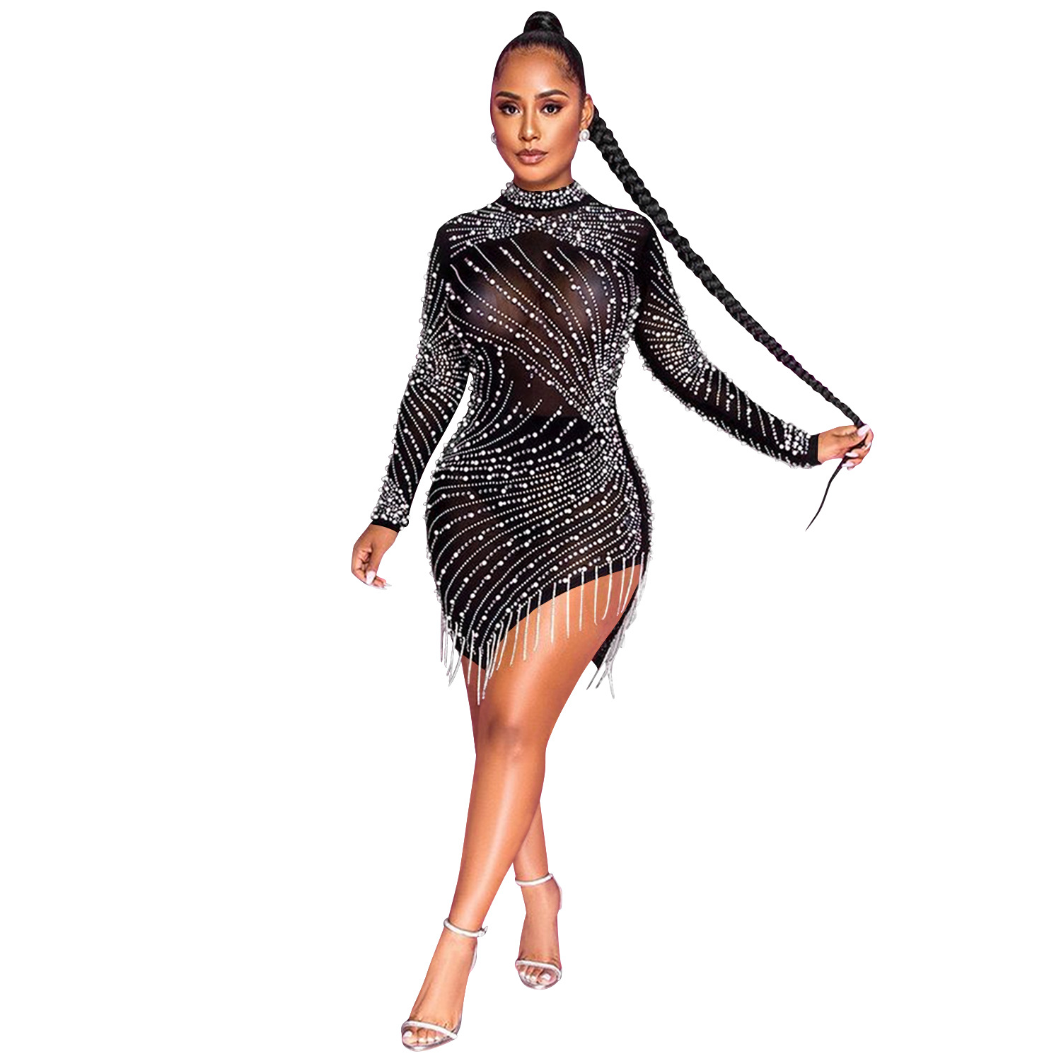 X5216 transfronterizo nueva Europa y América sexy club nocturno de malla transparente rhinestone burbuja borla de cuentas de cuello redondo Vestido de manga larga