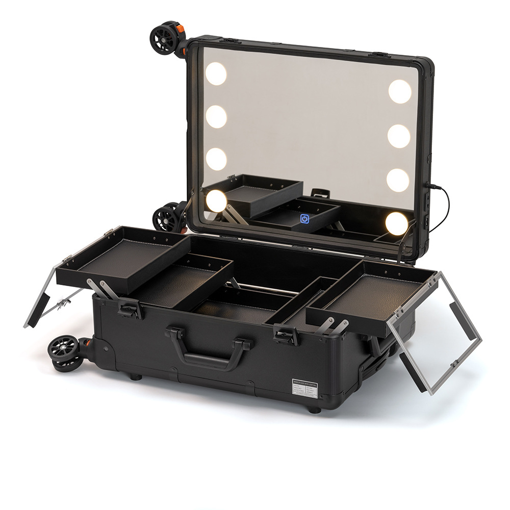 Espejo completo, atenuación de tres colores, caja de maquillaje profesional con luz, barra de tracción, rueda universal multicapa, caja de maquillaje y maquillaje 508