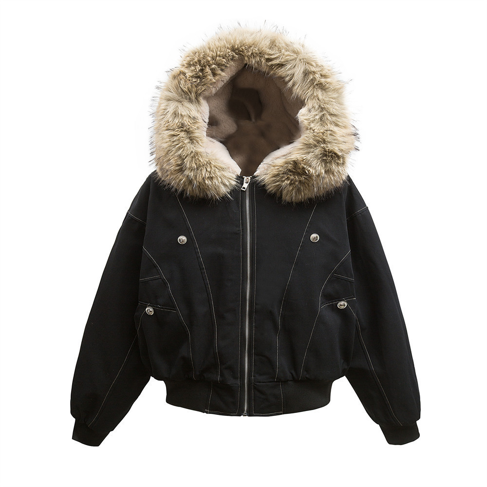 New Style Hooded down Jacket with Fur Collar, Winter Loose American Street Fashion Button-Decorated Cotton Coat for Men