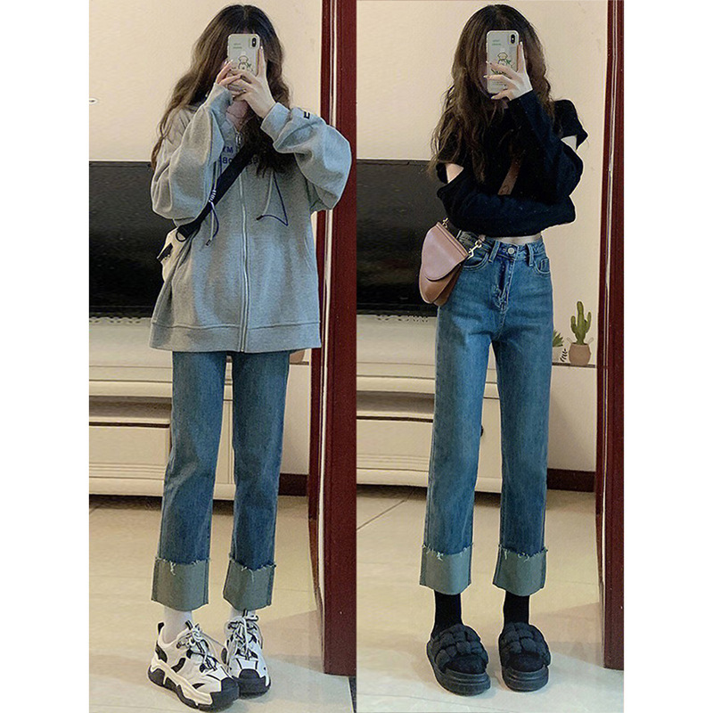 Women's Straight-Leg Jeans, High-Waisted, Slimming, Suitable for Pear-Shaped Body, Petite, Stretchy, Cropped Pants, Japanese and Korean Style, Casual Women's Straight-Leg Jeans, High-Waisted, Slimming, Suitable for Pear-Shaped Body, Petite, Stretchy, Cropped Pants, Japanese and Korean Style, Casual