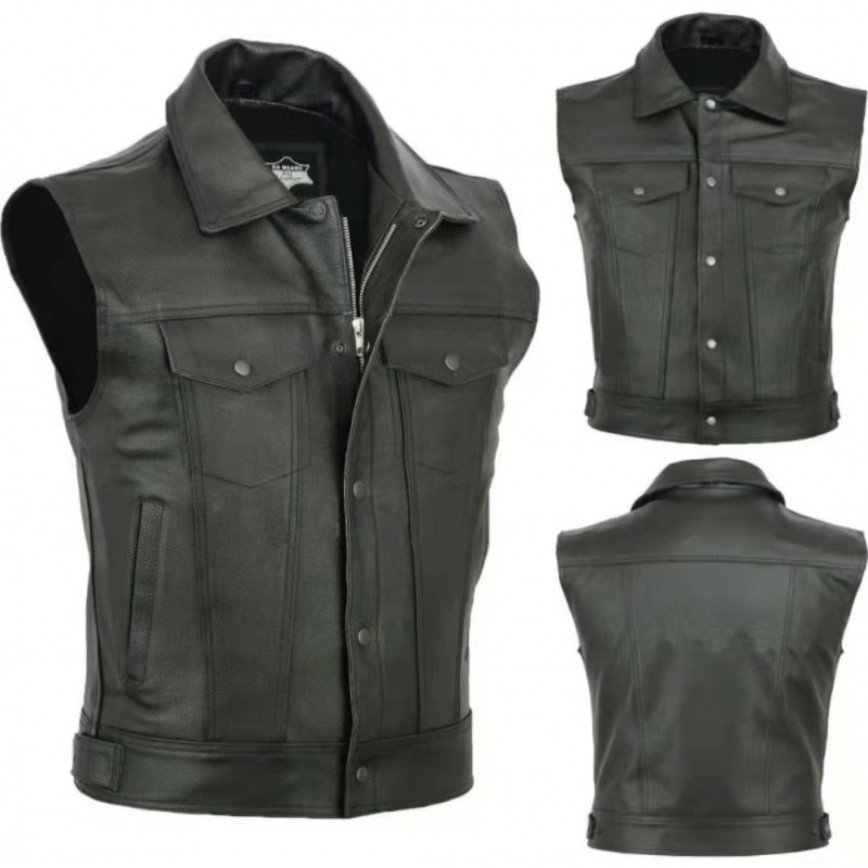Cross-Border Amazon Wish Vest Excellent Zipper Button Motorcycle Motorcycle Casual Leather Vest for Men