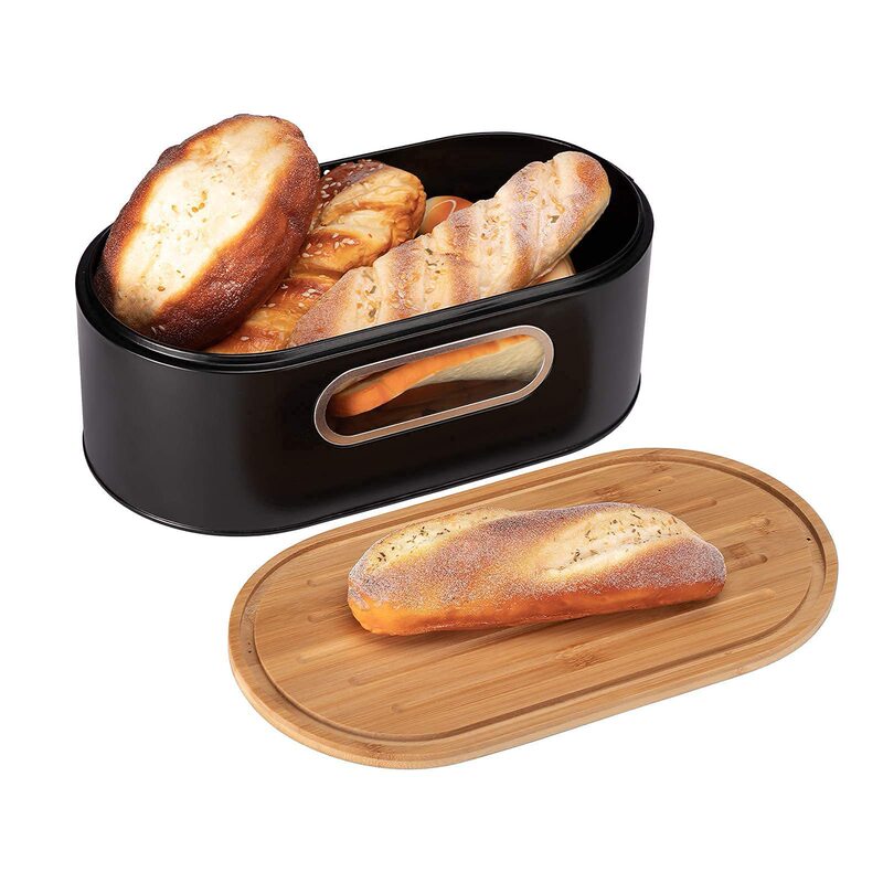 Factory Direct Sales Black Bamboo Lid Jar Bread Box with Skylight Amazon Galvanized Iron Kitchen Storage Jar Gold