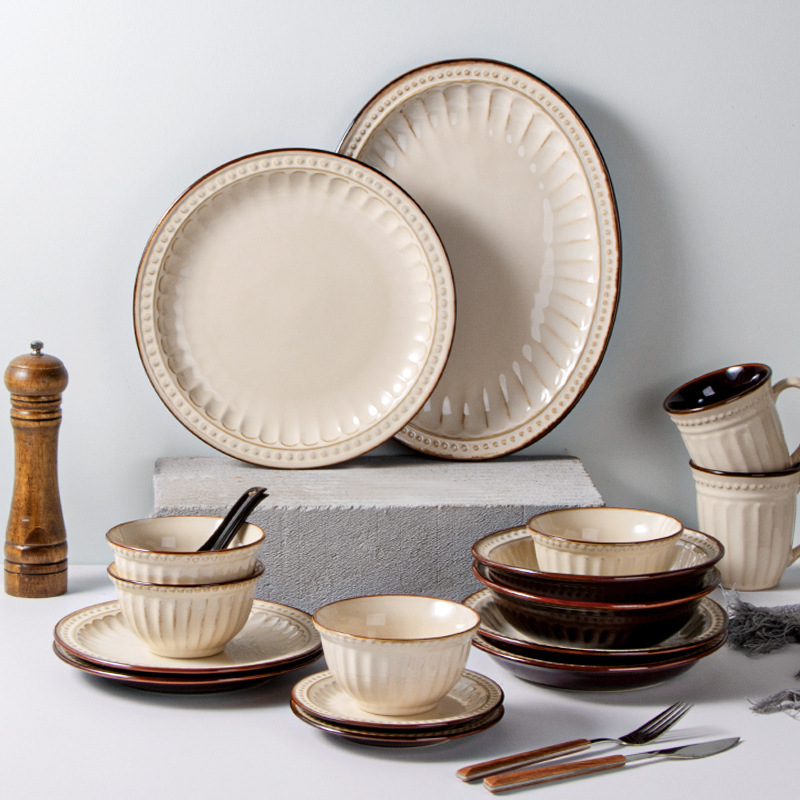American Style Vintage Embossed Dishes suit Household Creative Rice Bowl Flat Dishes Dishes European Style Ceramic Western Dishes Tableware