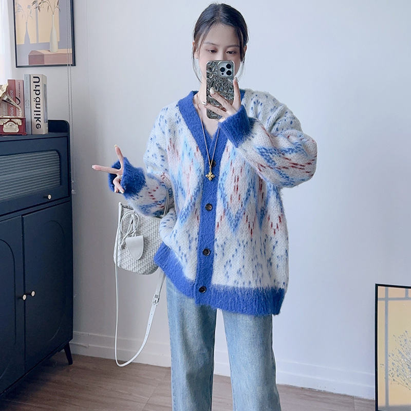 2025秋冬新款宽松慵懒风文艺复古提花毛衣外套女温柔软糯针织开衫|undefined
