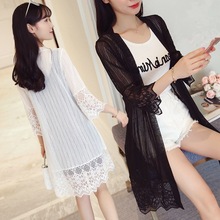 跨境防晒衣女夏中长款透视蕾丝衫开衫喇叭袖拼接宽松披肩薄外套