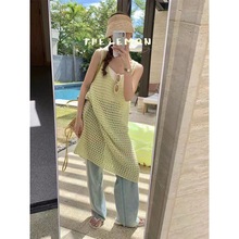 出口韩国爆款设计感性感镂空长款针织衫女夏季无袖吊带露背连衣裙