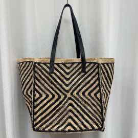 夏季女拉菲草手钩拼色条纹托特包大容量度假五面单肩包百搭腋下包