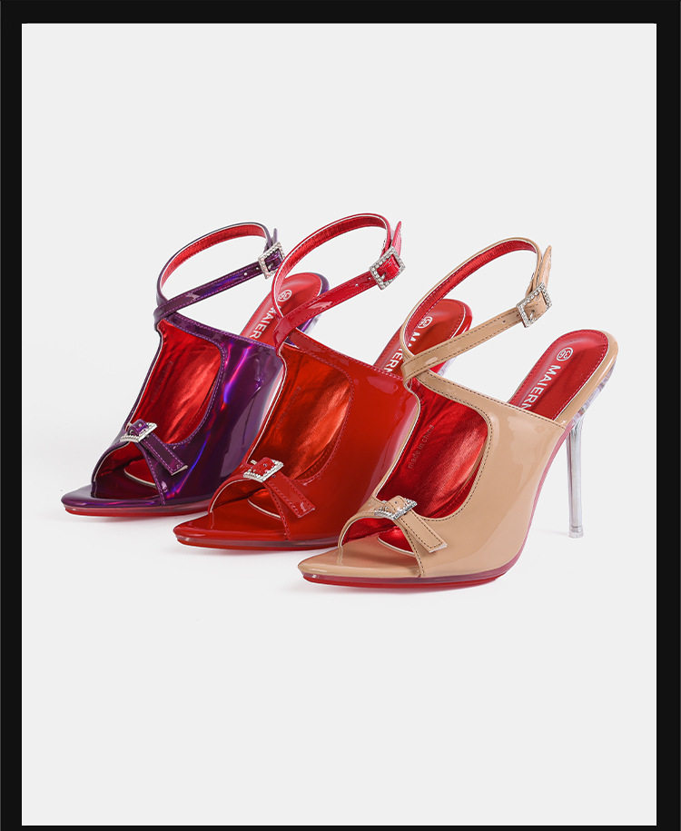Giày sandal cao gót nữ mũi nhọn da bóng quai ngang khóa cài gót siêu cao — Màu be, Màu bạc, Màu trắng, Màu tím chi tiết 3