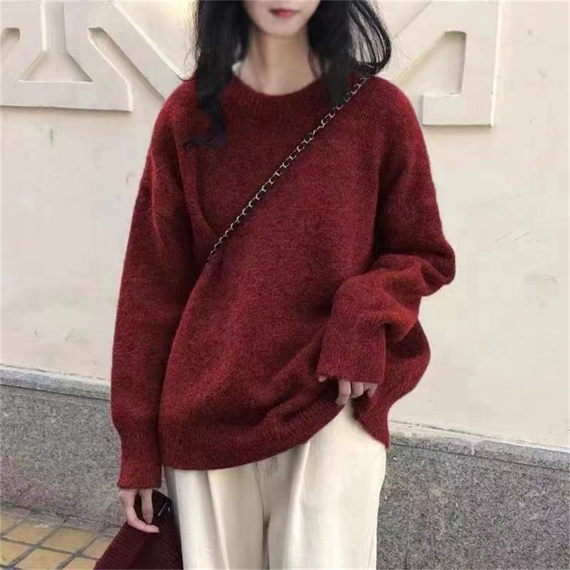 Coreano casual retro color sólido suéter de cuello redondo para mujeres otoño y invierno nuevo estilo de vestir suelta camisa de punto de estilo portugués