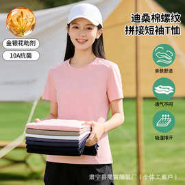 女款修身短袖迪桑棉螺纹拼接T恤女士纯色t恤上衣10A抗菌百搭打底
