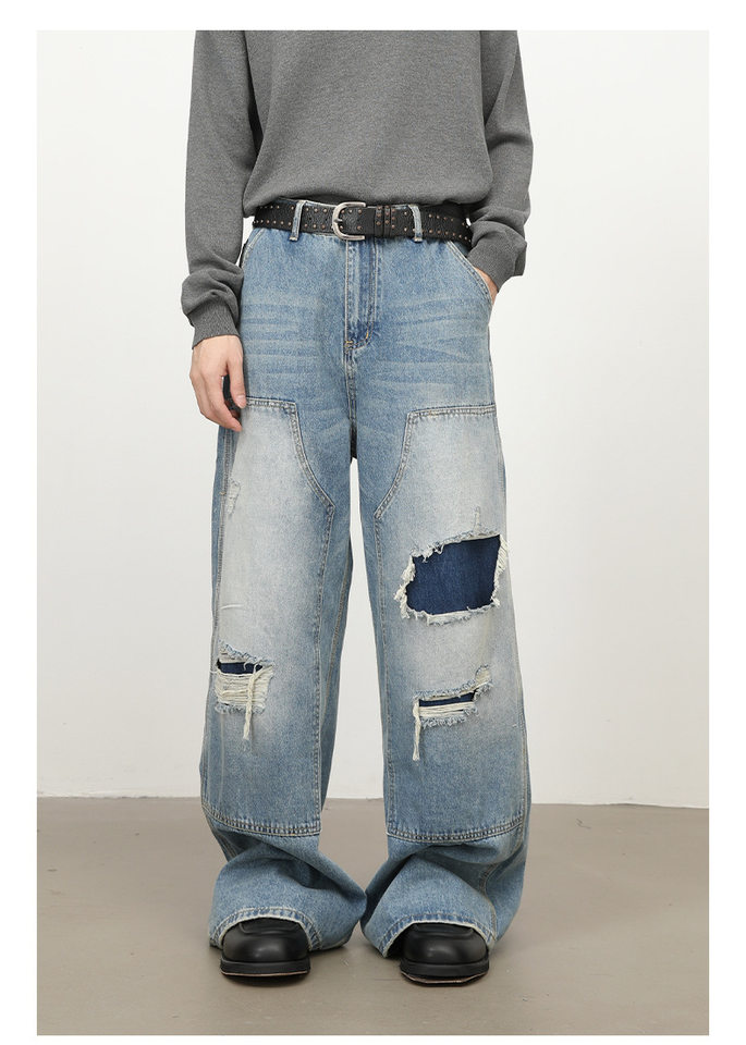 Quần jeans nam dáng rộng ống đứng phong cách Mỹ, wash xước rách phối vải — màu xanh chi tiết 4