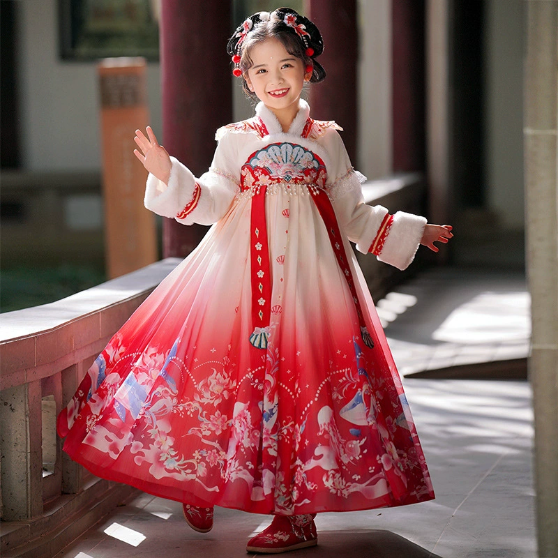 Hanfu Girl, зима 2025, новое утепленное платье с хлопковой подкладкой для девочек, детская одежда Super Fairy, костюм Тан.