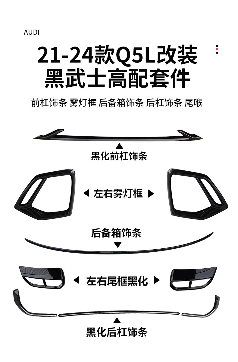 Suitable for 21-24 Audi Q5L front bumper decorative trim, black warrior modification, fog light, rear bumper, exhaust tip, anti-collision strip