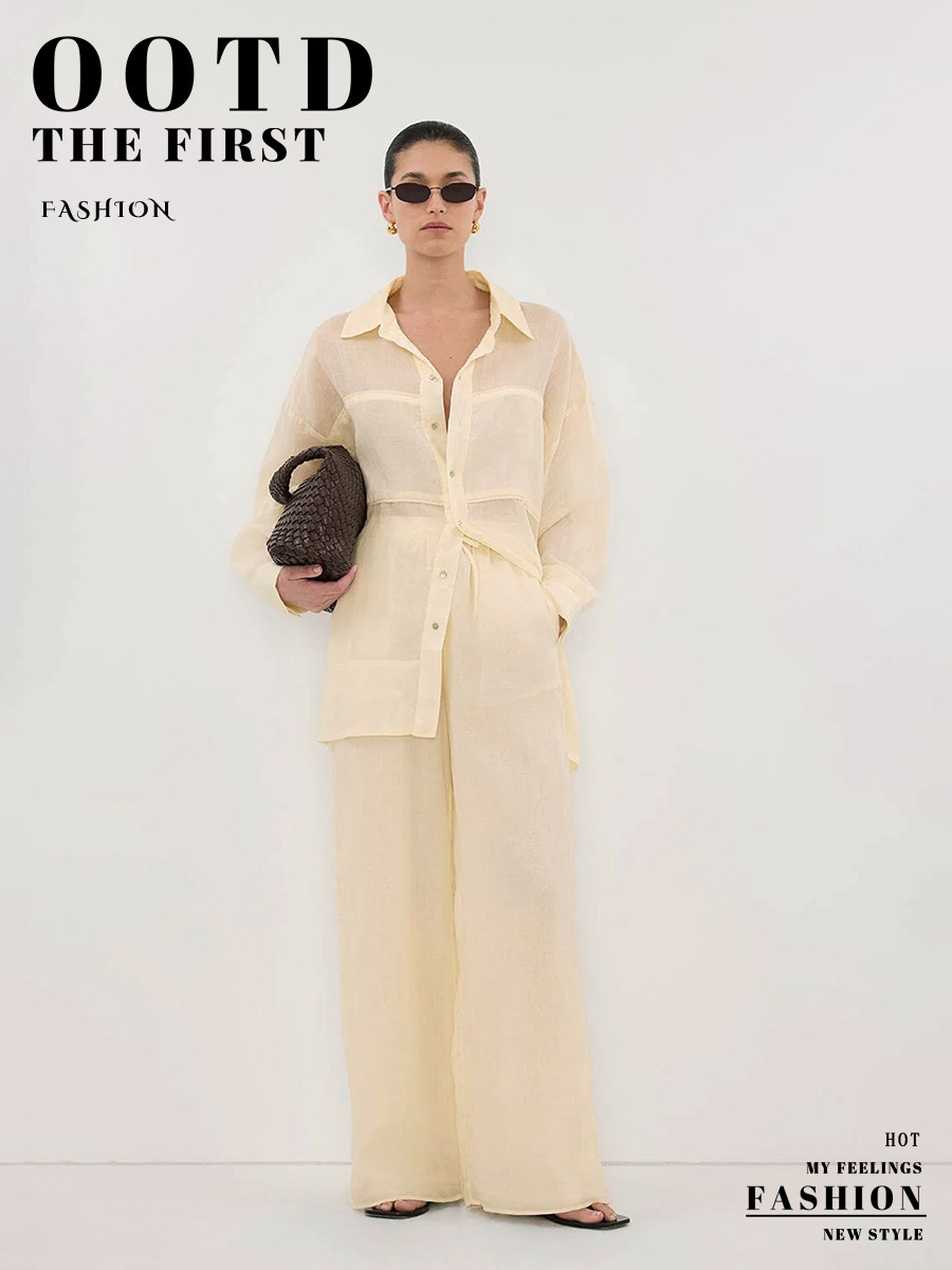 Women's Long Sleeved Shirt And Trouser Set Elegant Vacation Style_voghion.com