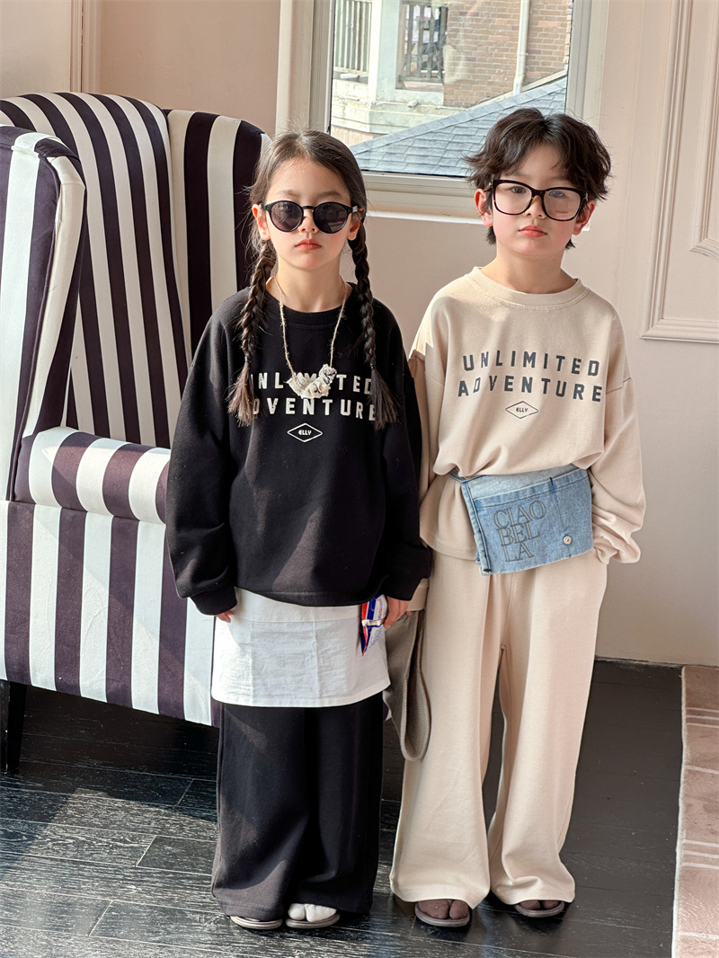 儿童春季休闲套装2024新品男女童韩版字母印花两件套运动卫衣卫裤