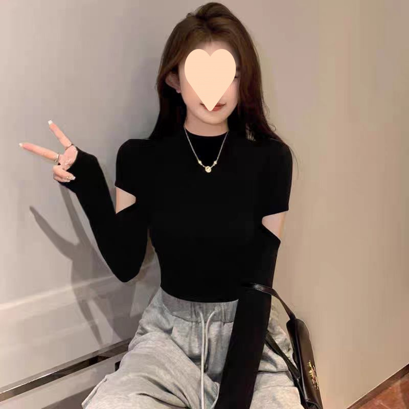 螺纹黑色半高领打底衫女春秋内搭设计感长袖恤大码修身露肘上衣|undefined