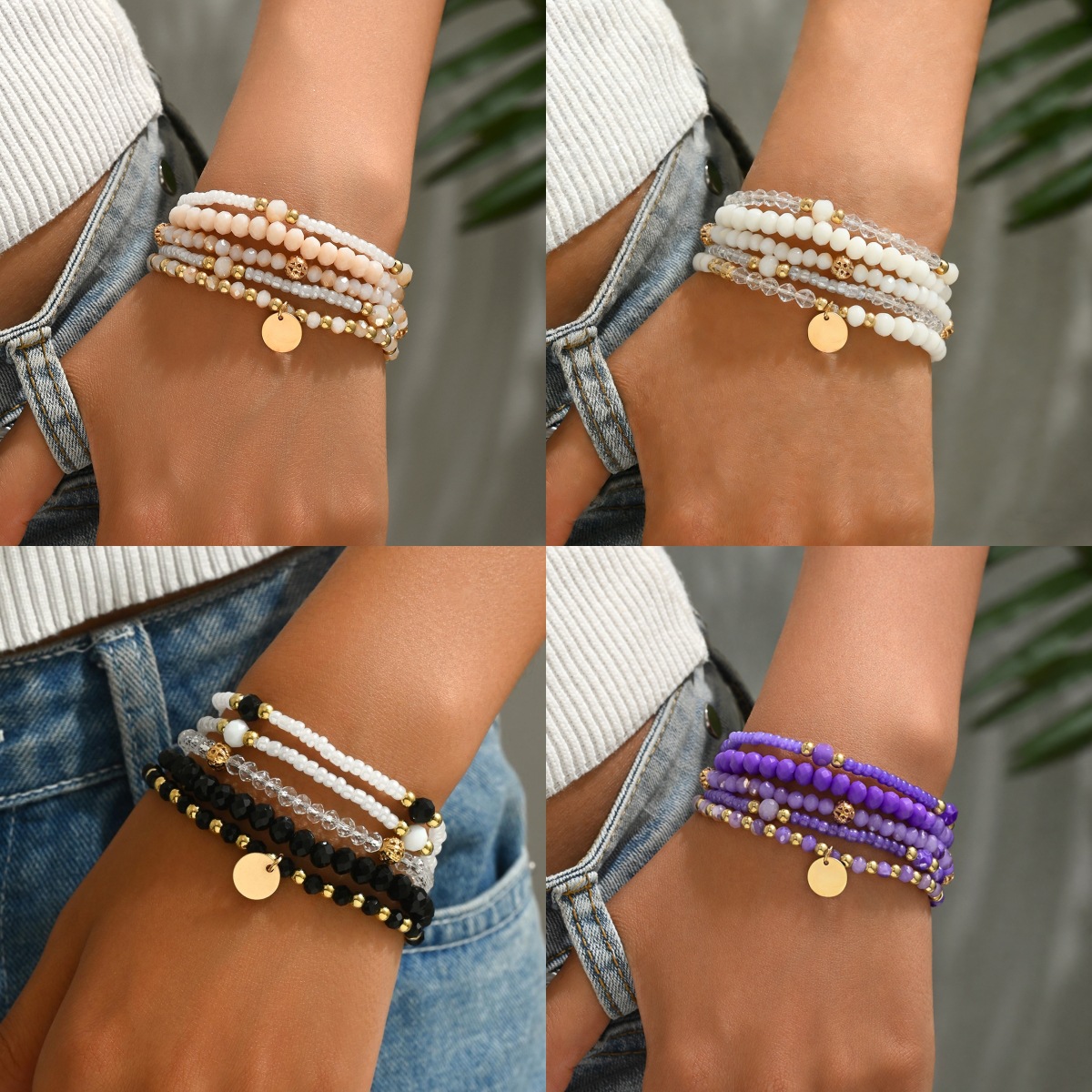 Fashionable All-match Multi-style Five-piece Bracelet suit Simple Woven Stretch Glass Rice Bead Pendant Bracelet