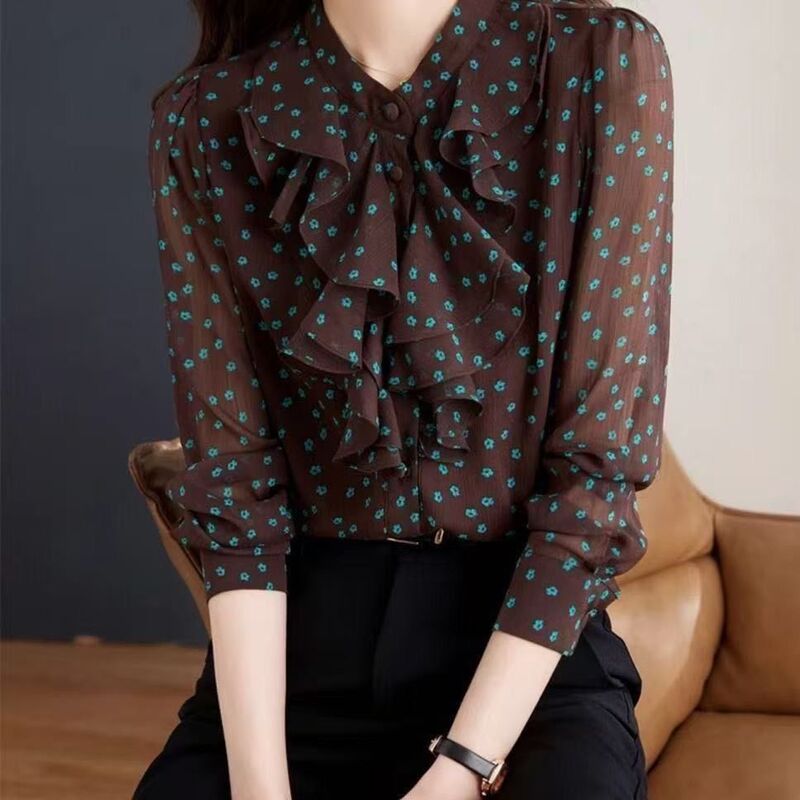 2026 Spring/Summer New Floral Chiffon Blouse for Women, Casual Versatile Chic Beautiful Long Sleeve Trendy Top