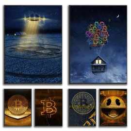 钱币黄金比特币艺术油画厂家批发来图打印海报外贸入仓货源虾皮