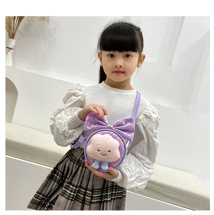 Kid'S Small Pu Leather Clouds Bow Knot Cute Sequins Round Zipper Crossbody Bag display picture 9