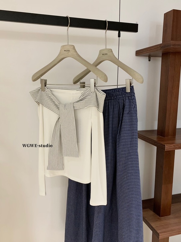 WGWE7006广州十三行女装2025秋装新款拼接一字肩长袖T恤显瘦上衣|undefined