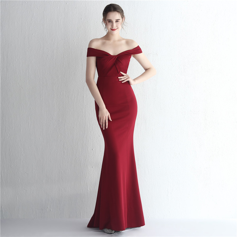 19229 # Satin New Slim One-Shoulder Long Lady Dinner Slim Fishtail Skirt Wedding Car Model Show Dress