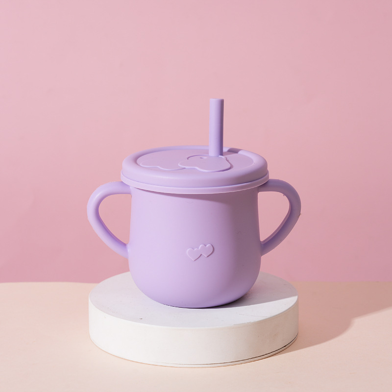 Taza de bebé de silicona transfronteriza con cubierta de bocadillos, taza de paja de grado alimenticio para niños, taza de bebida anti-caída para bebés