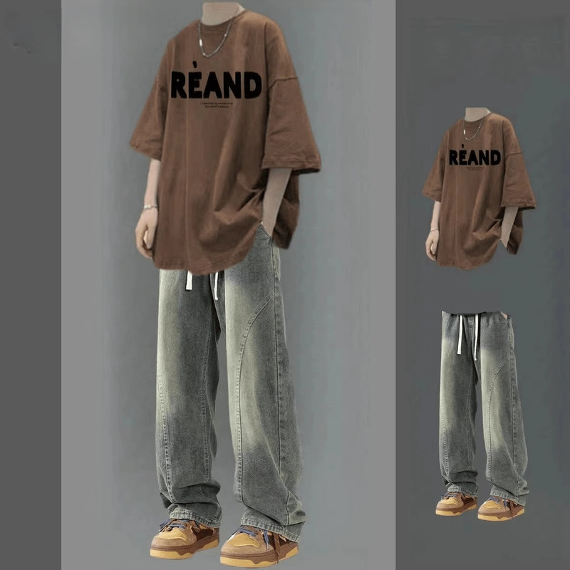 American Retro Handsome Suit Men's Summer Short-Sleeved Youth Men's Handsome Student Trendy Jeans