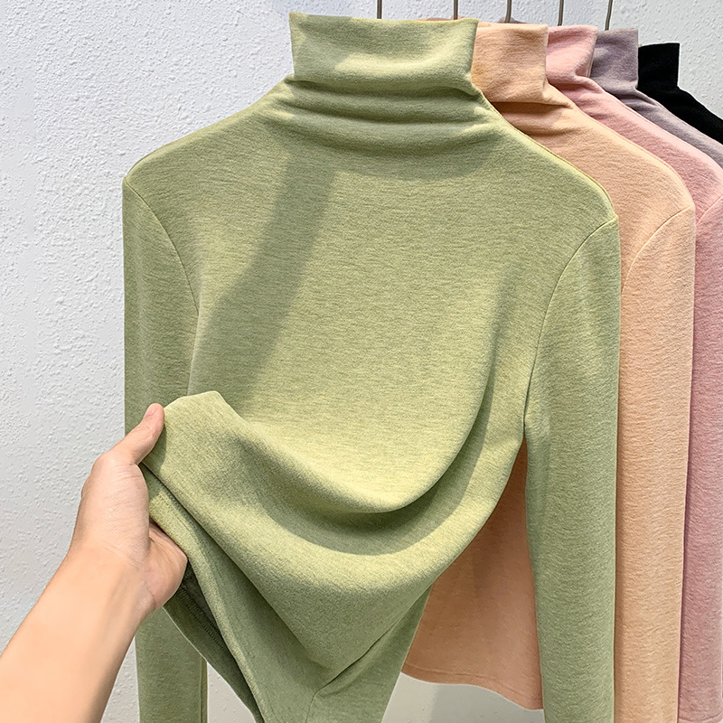 Camiseta de cuello alto de seda y cachemira para mujer, nueva colección 2024, ropa de mujer, camiseta térmica de manga larga con cintura ajustada