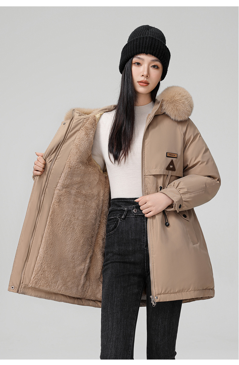 2024 foreign trade overcomes women's winter new Korean version waist cinching slimming hooded big fur collar cotton_voghion.com