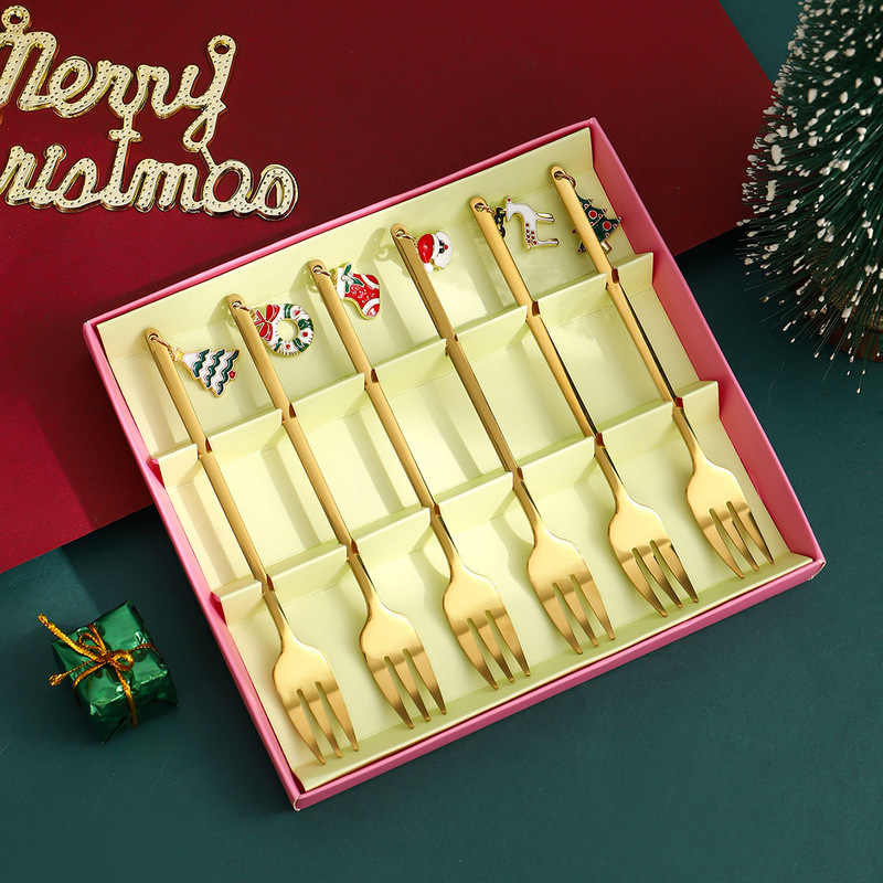 410 ステンレス鋼フォークとスプーンクリエイティブクリスマスギフトボックスセット家庭用ハイエンドフルーツデザートスプーンとフォークギフトギフト|undefined