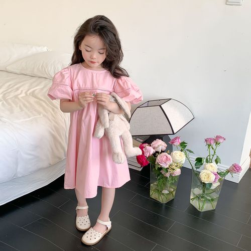 Elmo Beibei Girls Hollow Puff Sleeve Princess Dress Children's Korean Style Simple Western Style Thin Cotton Dress Summer