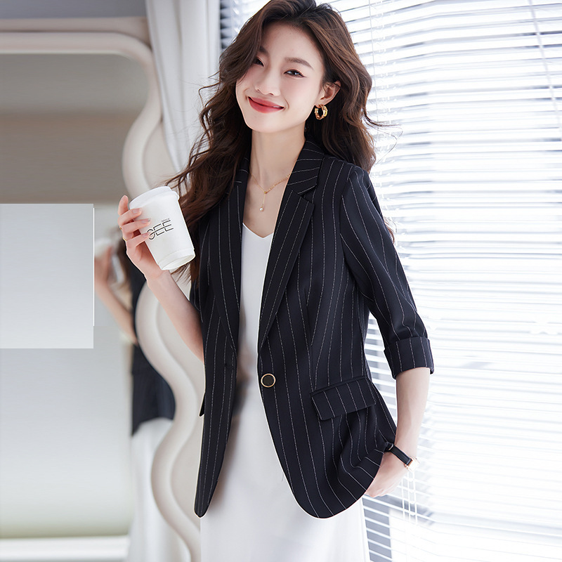 Black Striped Blazer for Women with Three-Quarter Sleeves, 2025 New Style, Elegant Goddess Style, Professional Small Suit Dress, Thin Black Striped Blazer for Women with Three-Quarter Sleeves, 2025 New Style, Elegant Goddess Style, Professional Small Suit Dress, Thin
