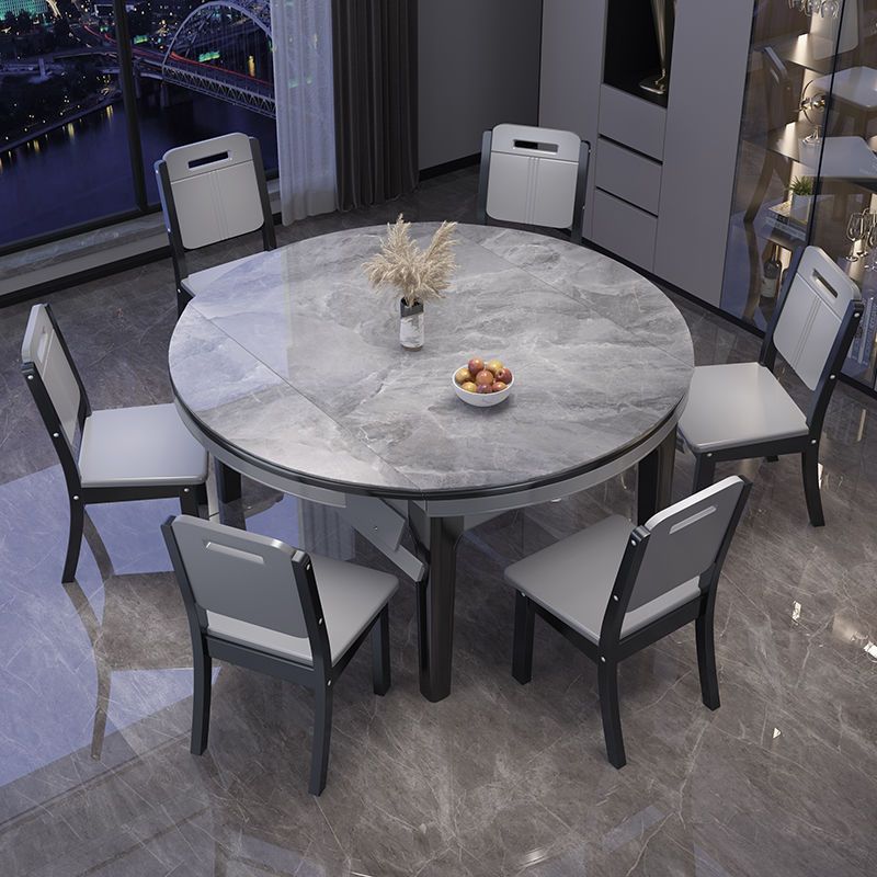 Italian Glossy Slate Dining Table and Chair Combination Table and Chair Set Simple Retractable Folding Solid Wood Round Table Dropshipping