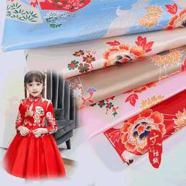 沙丁扇子连衣裙时装 贡缎仙鹤数码印花 汉服中国风印花面料