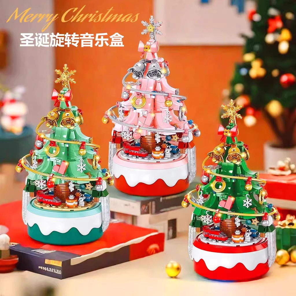 Caja de música de árbol de Navidad de ocho piezas, bloques de construcción, juguetes para niños, decoración de Papá Noel, regalo, adornos educativos