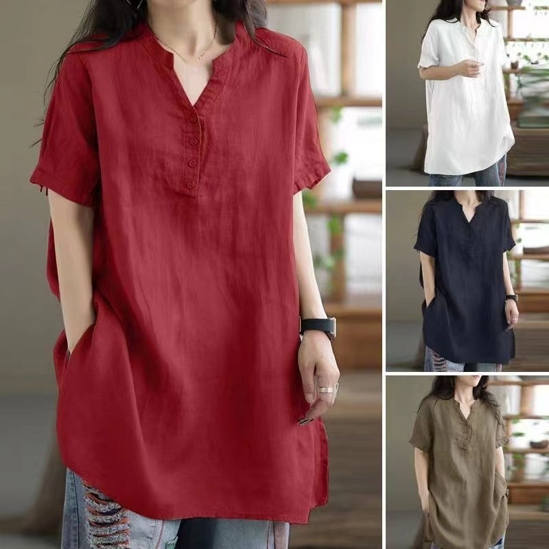 Amazon Cross-Border Spring and Summer Large Size Loose Fat mm Twist Button Fashion V Neck Short-Sleeved Pure Color T-Shirt Women's Export Wholesale