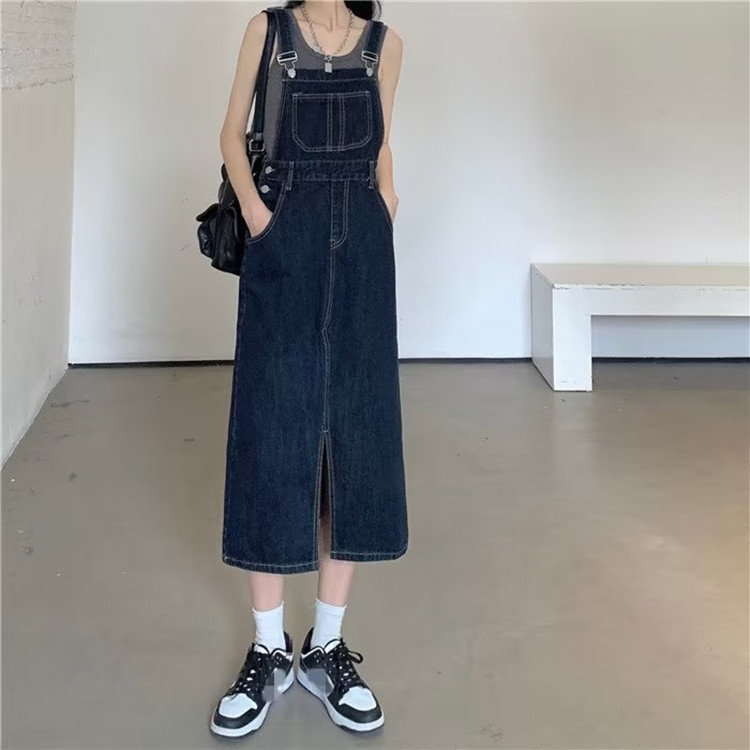Denim Strap Skirt Split Design Sense Small Hong Kong Style Denim Skirt Women's Autumn Large Size Chubby Girl's Tight Waist Dress