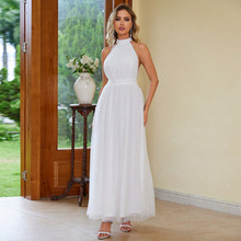 2023跨境夏季女装性感女式白色露肩腰部系带伞状优雅连衣裙