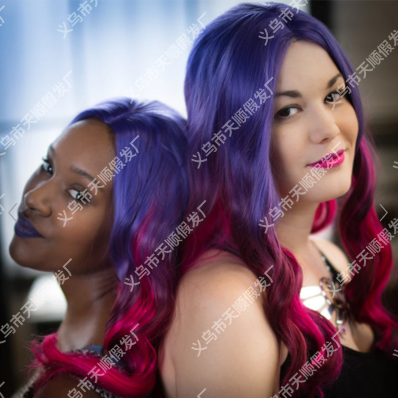 European and American Women's Wigs with Anime Gradient Colorful Curly Hair, Lace Front Synthetic Fiber Wigs, Long Curly Hair