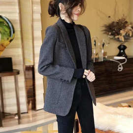 欧洲站呢子大衣女中长款字纹小西服毛呢小西装外套