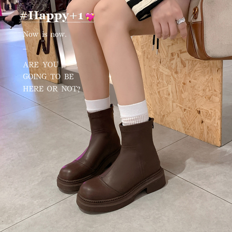 小个子内增高真皮短靴女8cm秋冬新款靴子厚底瘦瘦靴英伦风马丁靴|undefined