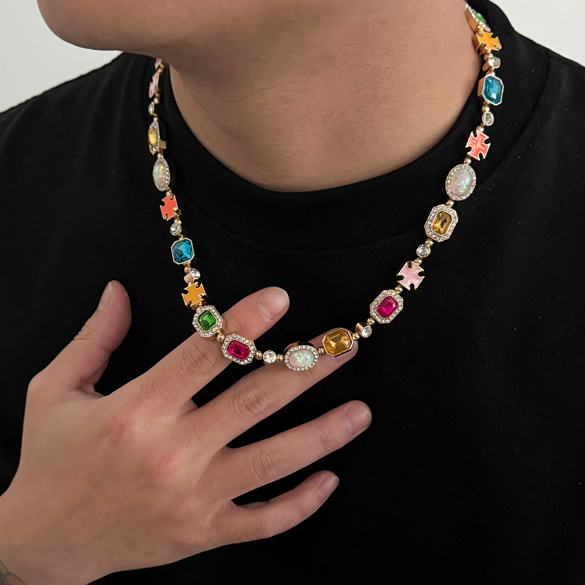 Men's Cross Necklace with Rhinestones and Enamel Finish, 07640