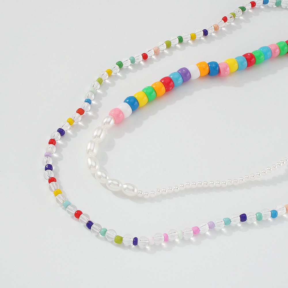 Bohemian Color Bead Necklace Imitation Pearl Resin Necklace Retro Hip Hop Double Necklace display picture 8