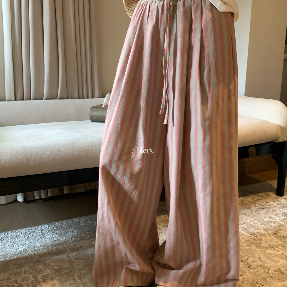 Quần culottes nữ ống rộng cạp cao sọc kẻ dáng dài suông rộng phong cách thư giãn — màu hồng