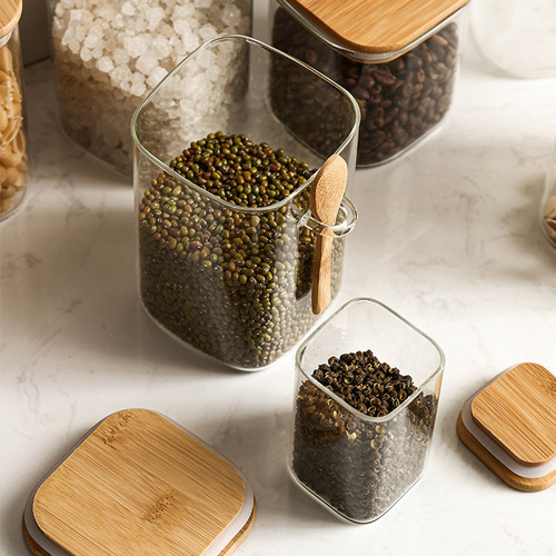 Square transparent glass jar with spoon bamboo lid food sealed storage jar moisture-proof kitchen storage sealed jar wholesale